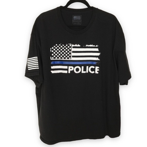 Police Thin Blue Line American Flag Black T Shirt Short Sleeve Crew Neck XXL - Picture 1 of 9
